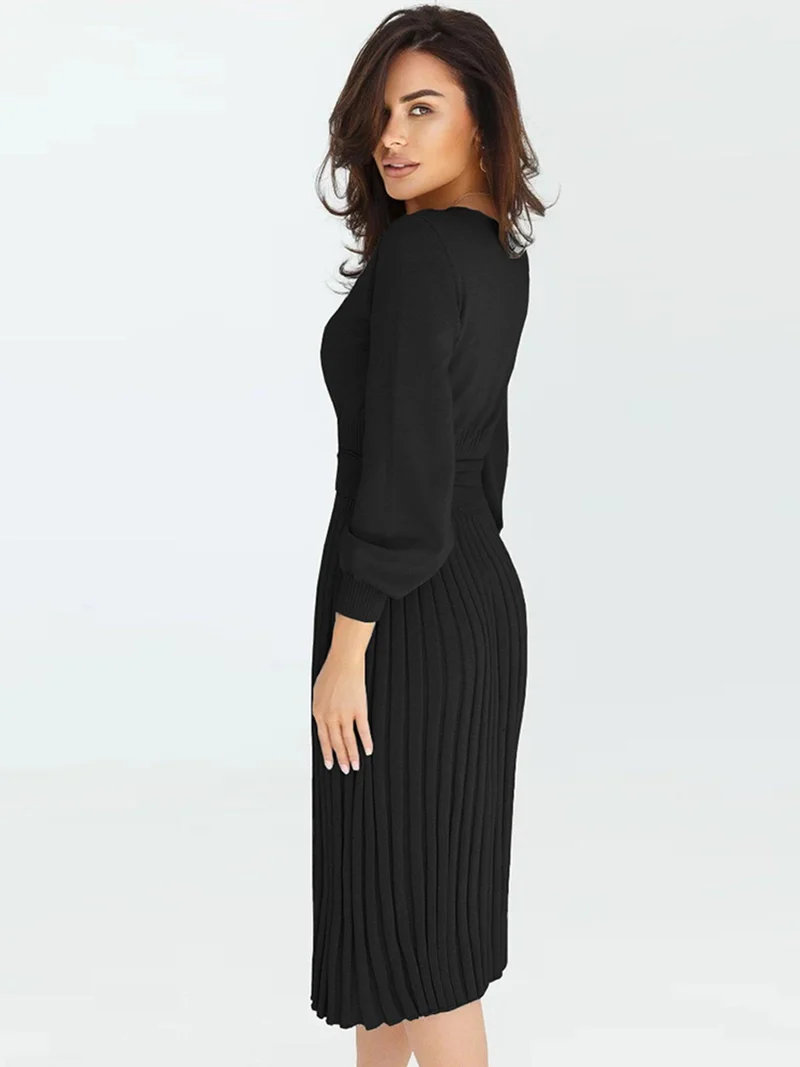 Robe Pull Femme d'hiver Élégante Col Rond Ceinture Manches Longues Casual Chic