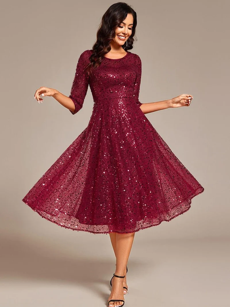 ever SIENNA|Robe d'invitée de mariage à manches 3/4 et col rond en sequins(Vente Finale)