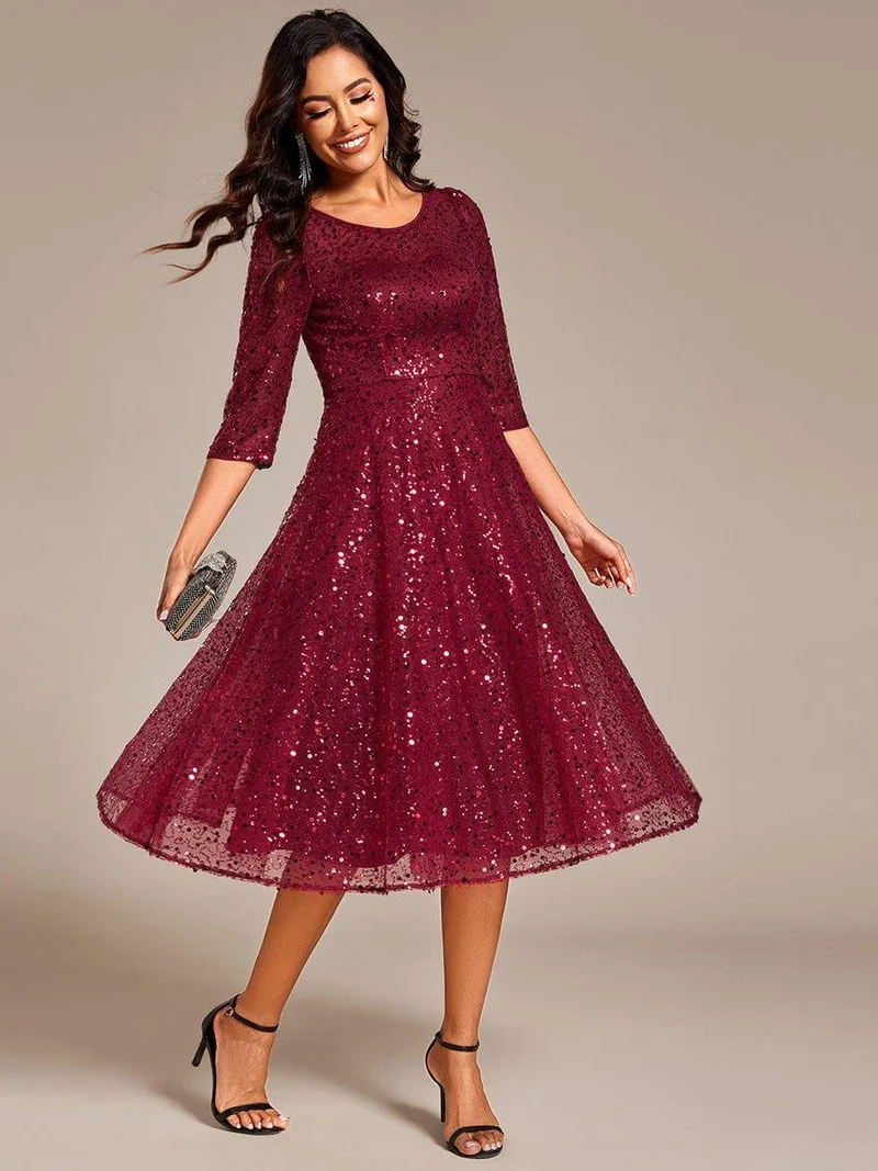 ever SIENNA|Robe d'invitée de mariage à manches 3/4 et col rond en sequins(Vente Finale)