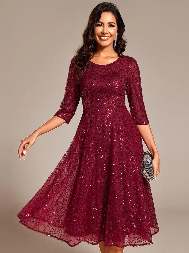ever SIENNA|Robe d'invitée de mariage à manches 3/4 et col rond en sequins(Vente Finale)