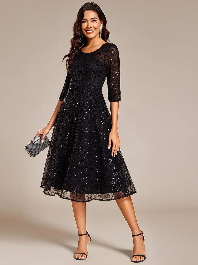 ever SIENNA|Robe d'invitée de mariage à manches 3/4 et col rond en sequins(Vente Finale)
