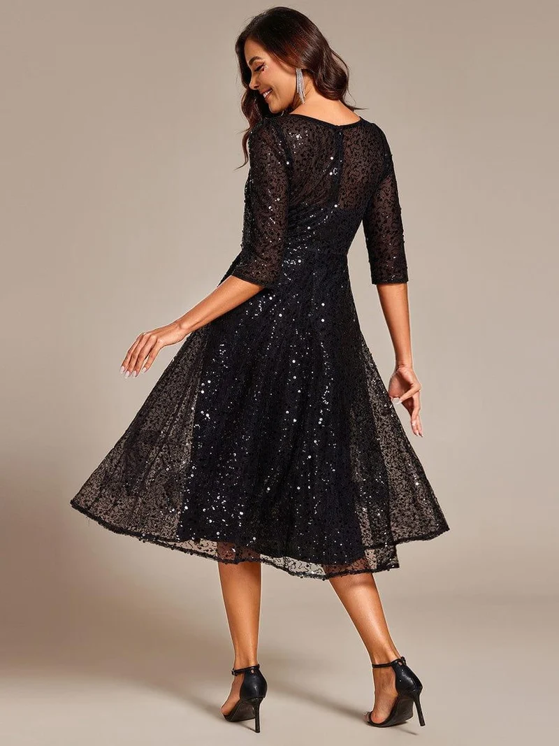 ever SIENNA|Robe d'invitée de mariage à manches 3/4 et col rond en sequins(Vente Finale)