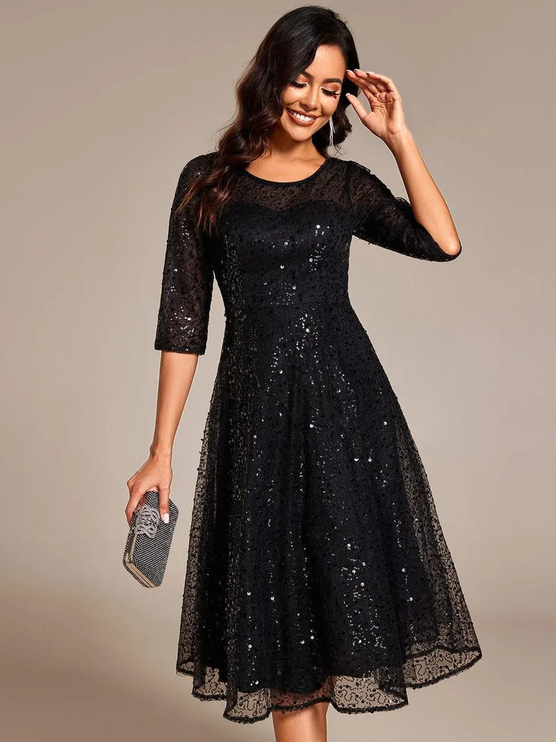 ever SIENNA|Robe d'invitée de mariage à manches 3/4 et col rond en sequins(Vente Finale)