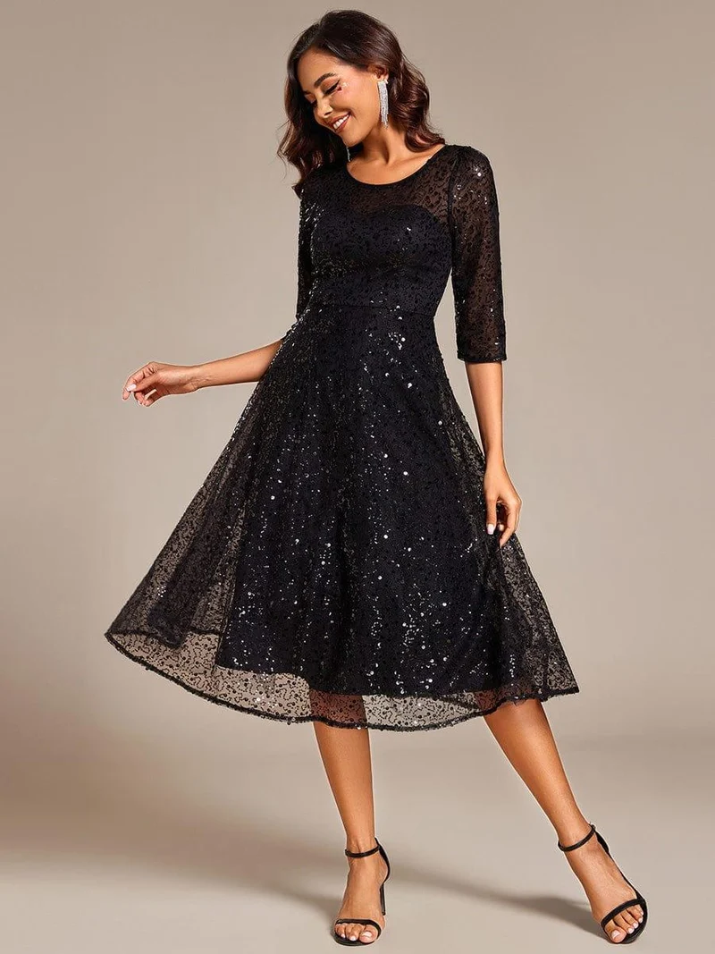 ever SIENNA|Robe d'invitée de mariage à manches 3/4 et col rond en sequins(Vente Finale)