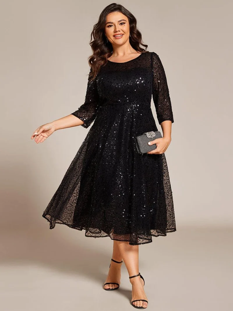 ever SIENNA|Robe d'invitée de mariage à manches 3/4 et col rond en sequins(Vente Finale)