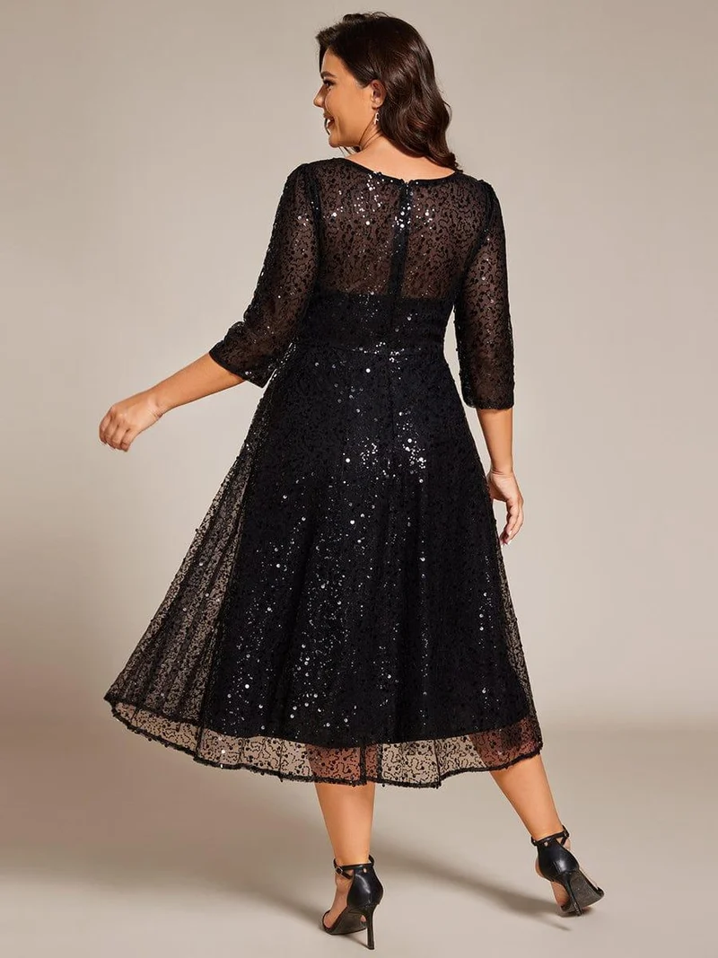 ever SIENNA|Robe d'invitée de mariage à manches 3/4 et col rond en sequins(Vente Finale)