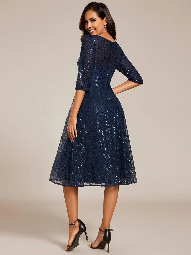ever SIENNA|Robe d'invitée de mariage à manches 3/4 et col rond en sequins(Vente Finale)