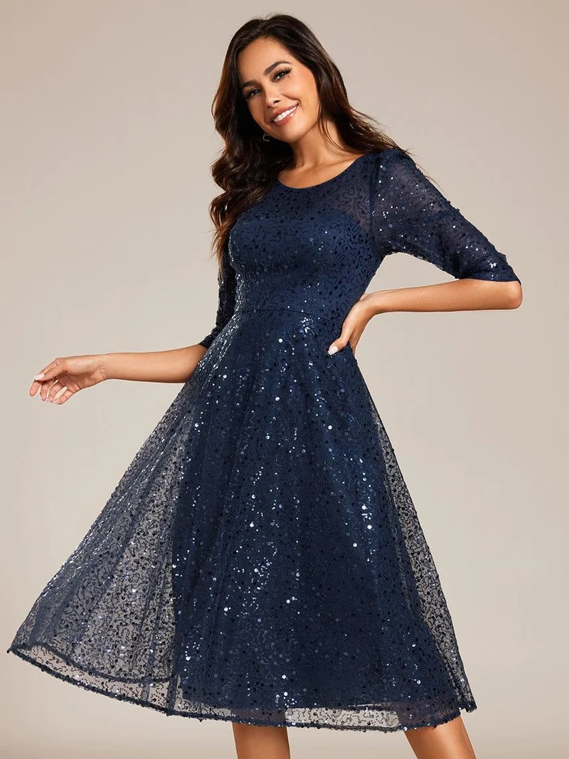 ever SIENNA|Robe d'invitée de mariage à manches 3/4 et col rond en sequins(Vente Finale)