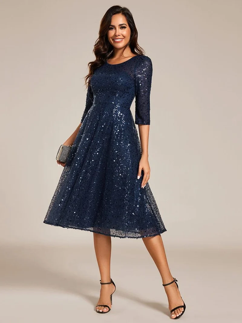 ever SIENNA|Robe d'invitée de mariage à manches 3/4 et col rond en sequins(Vente Finale)