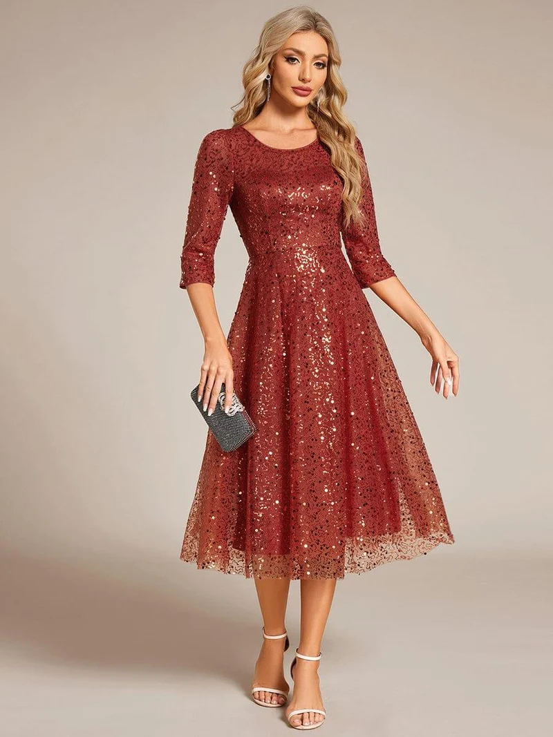 ever SIENNA|Robe d'invitée de mariage à manches 3/4 et col rond en sequins(Vente Finale)