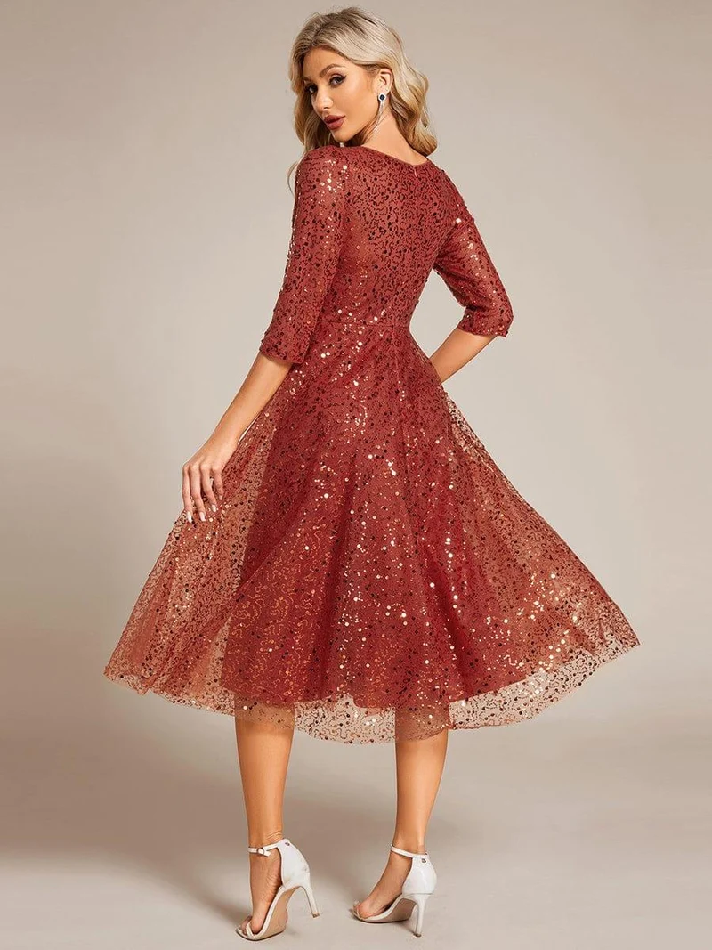 ever SIENNA|Robe d'invitée de mariage à manches 3/4 et col rond en sequins(Vente Finale)