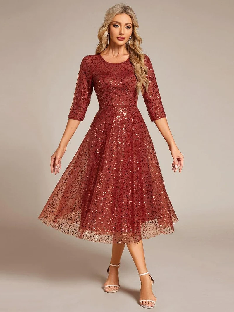 ever SIENNA|Robe d'invitée de mariage à manches 3/4 et col rond en sequins(Vente Finale)