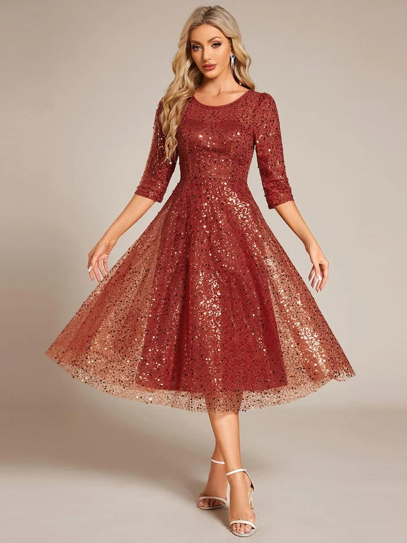 ever SIENNA|Robe d'invitée de mariage à manches 3/4 et col rond en sequins(Vente Finale)
