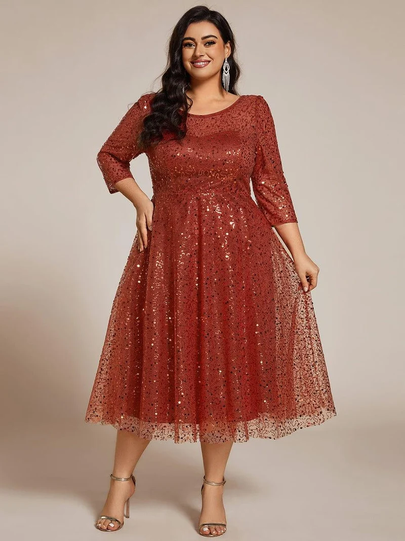 ever SIENNA|Robe d'invitée de mariage à manches 3/4 et col rond en sequins(Vente Finale)