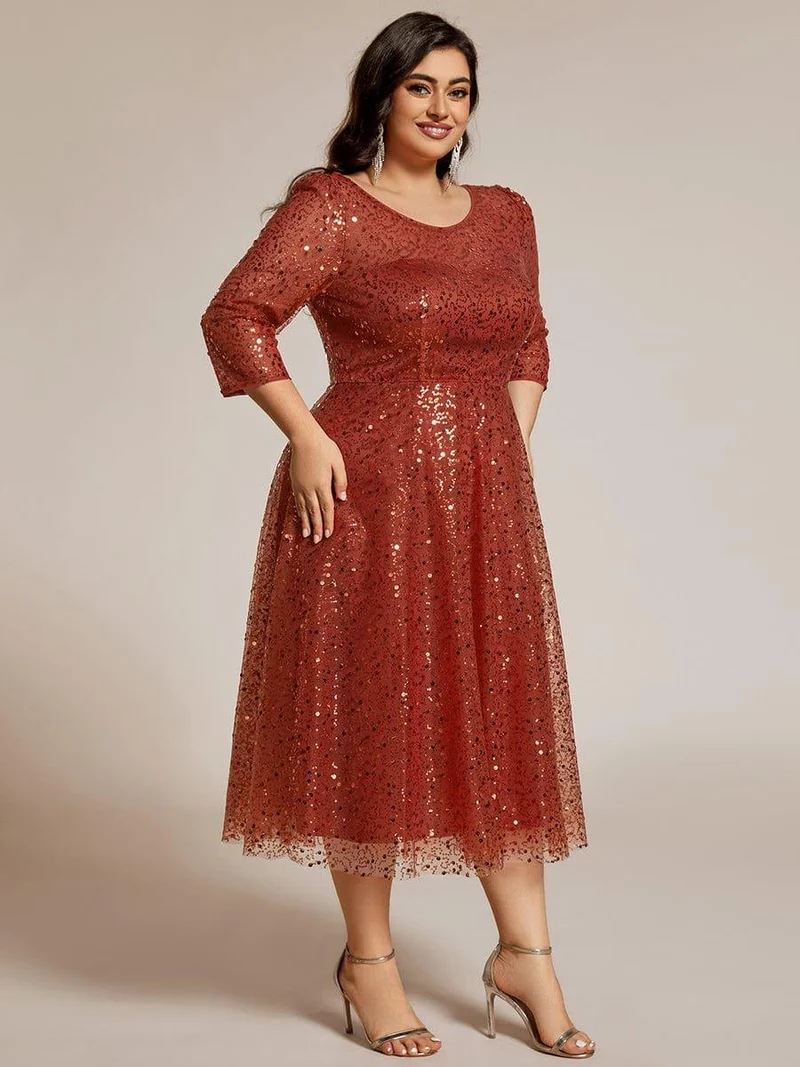 ever SIENNA|Robe d'invitée de mariage à manches 3/4 et col rond en sequins(Vente Finale)