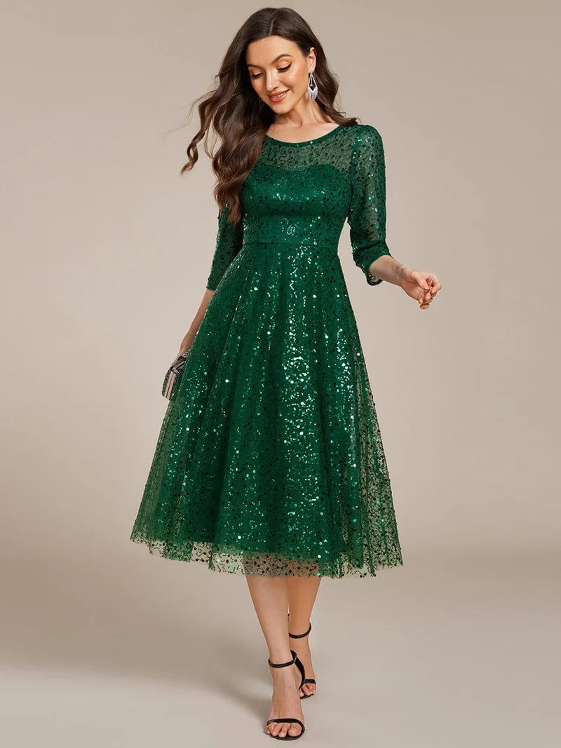 ever SIENNA|Robe d'invitée de mariage à manches 3/4 et col rond en sequins(Vente Finale)