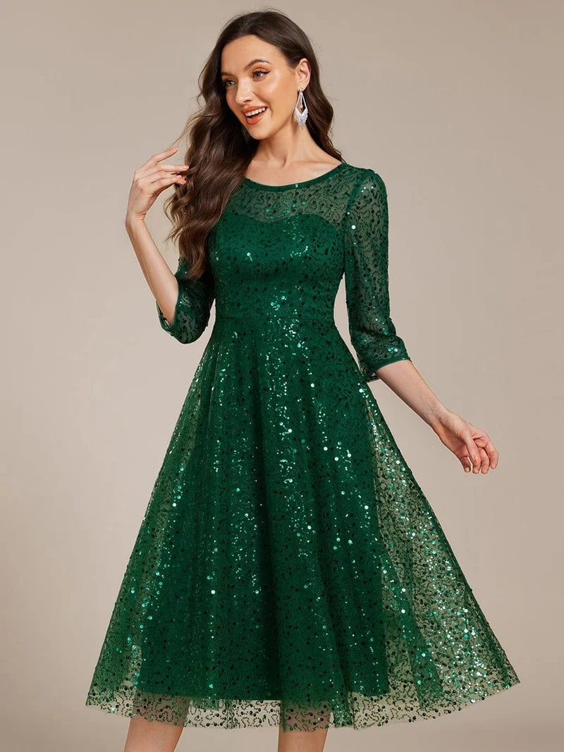 ever SIENNA|Robe d'invitée de mariage à manches 3/4 et col rond en sequins(Vente Finale)