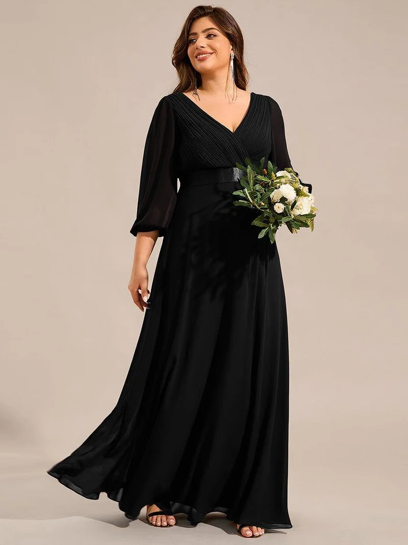pretty OLIVIA|Robe de soirée taille empire plissée en mousseline de soie à manches longues