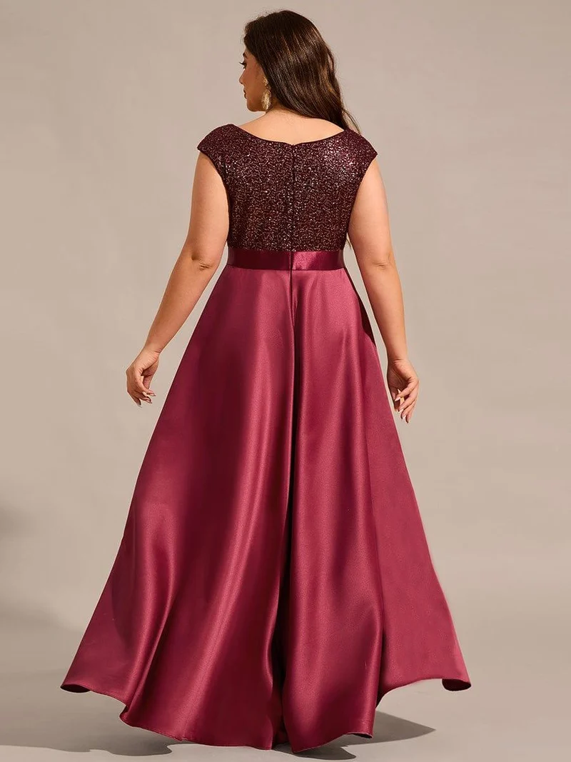 Robe de soirée en satin à sequins et décolleté rond grande taille
