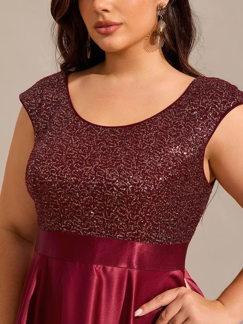 Robe de soirée en satin à sequins et décolleté rond grande taille