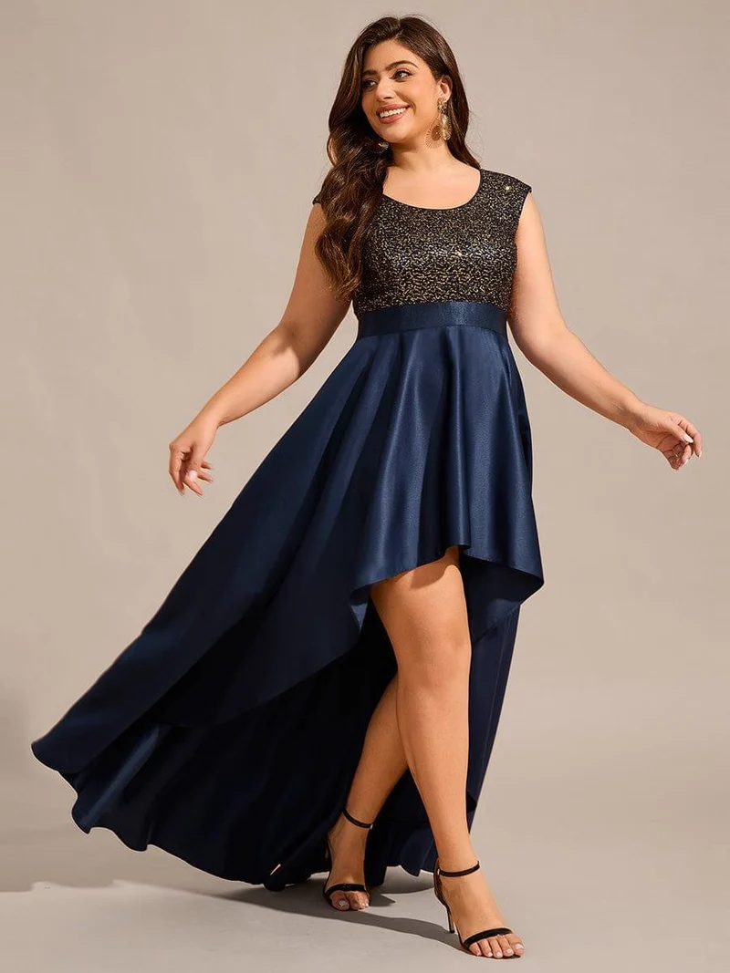 Robe de soirée en satin à sequins et décolleté rond grande taille