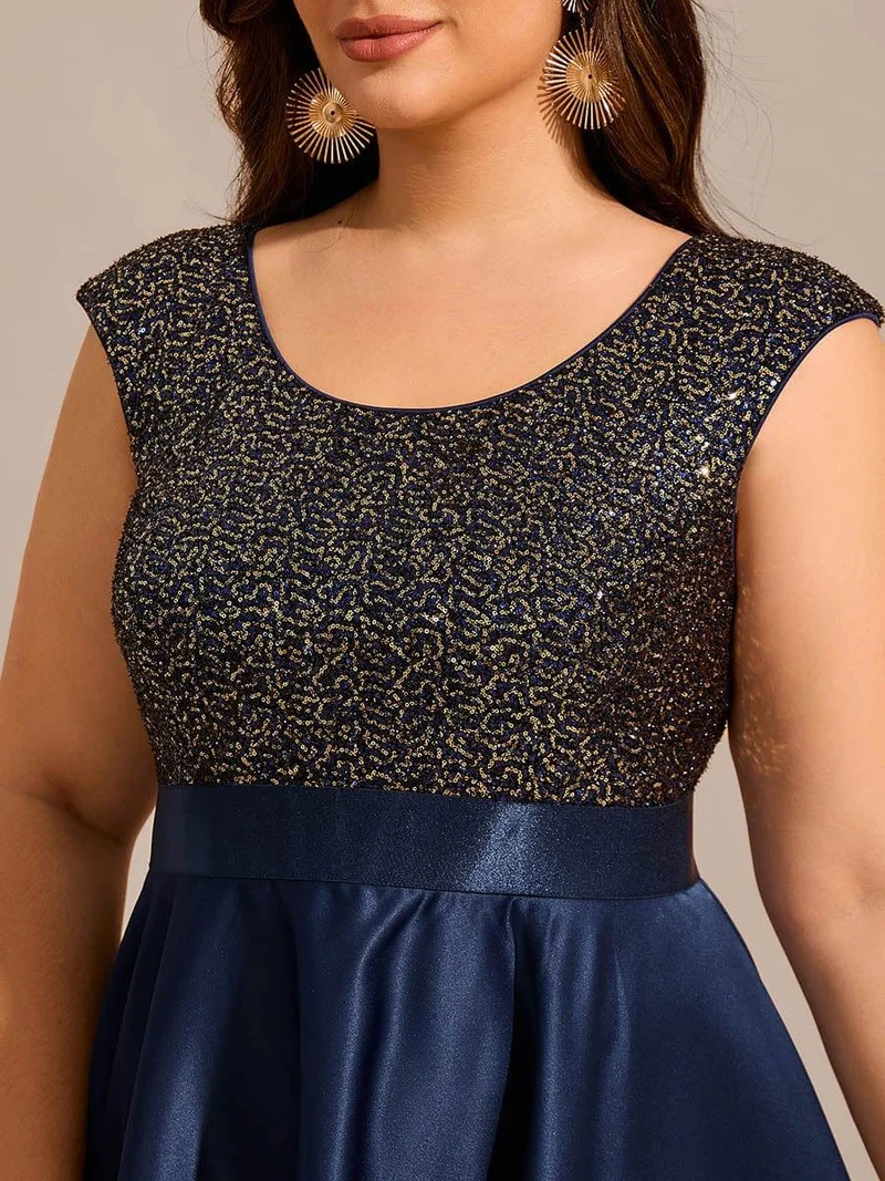 Robe de soirée en satin à sequins et décolleté rond grande taille
