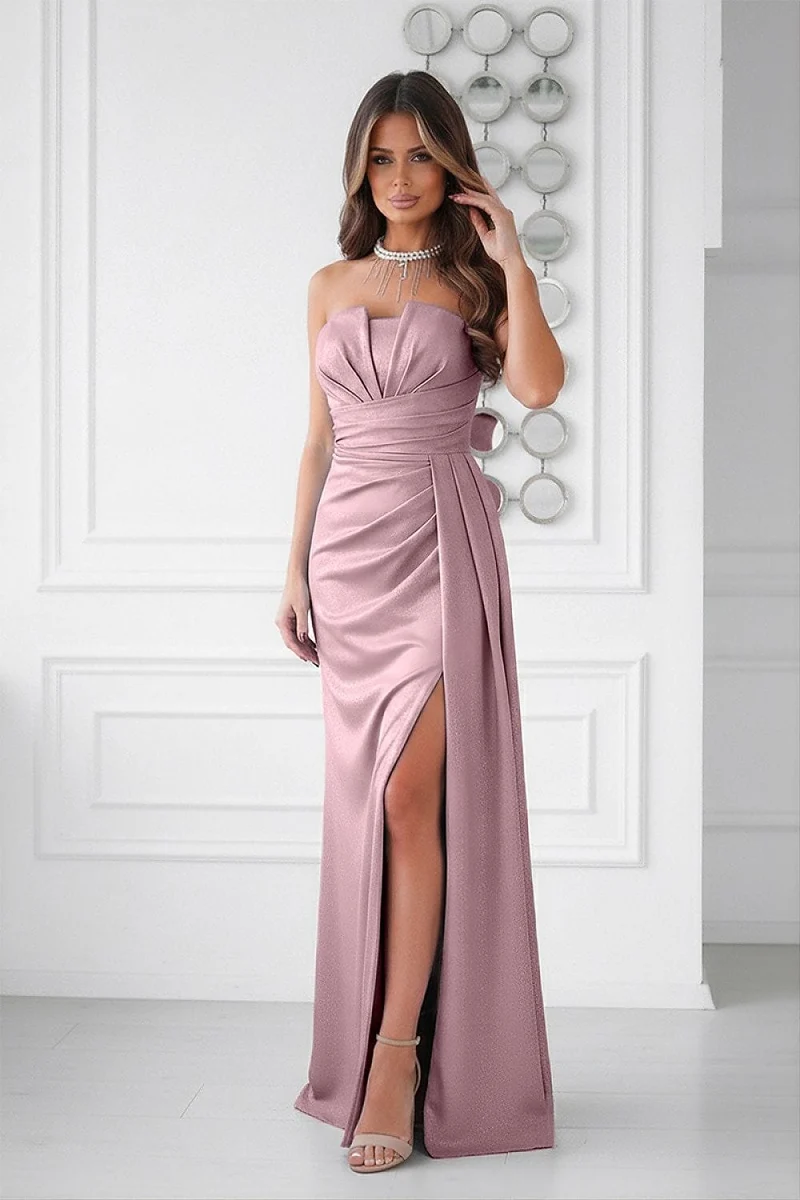 Robe de gala rose drapée longue