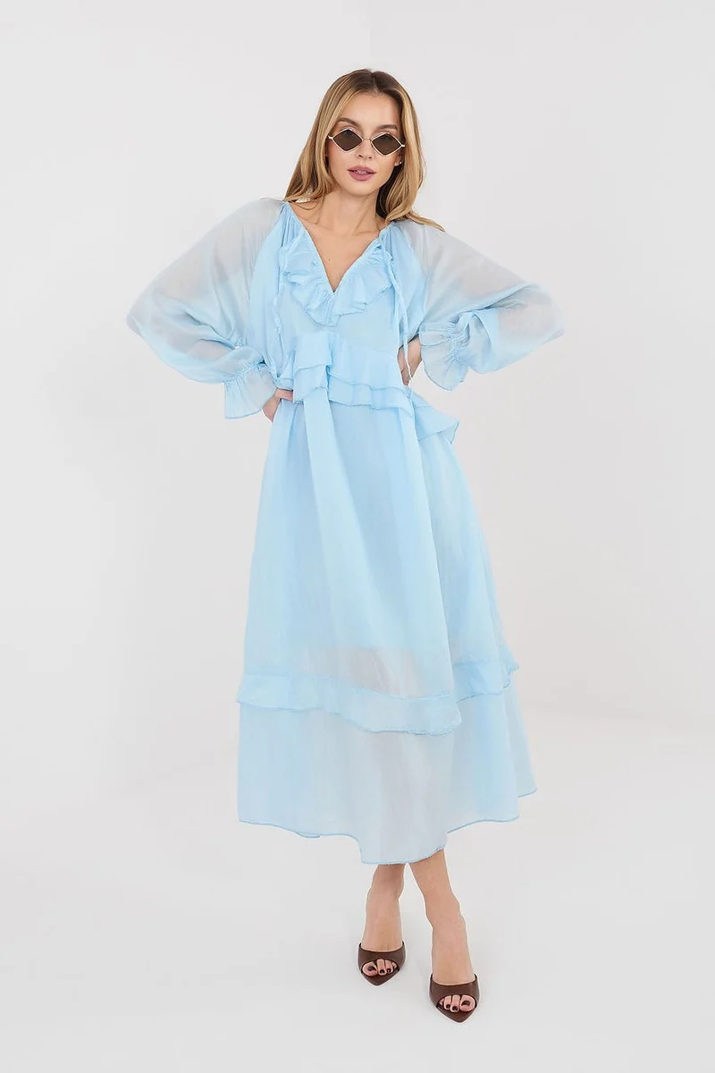 Robe de cocktail bleue manches longues bohème