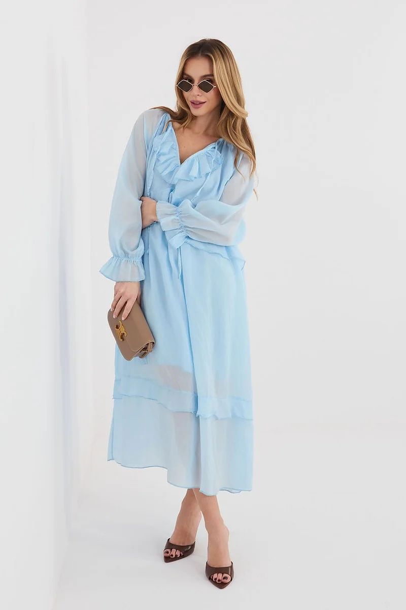 Robe de cocktail bleue manches longues bohème