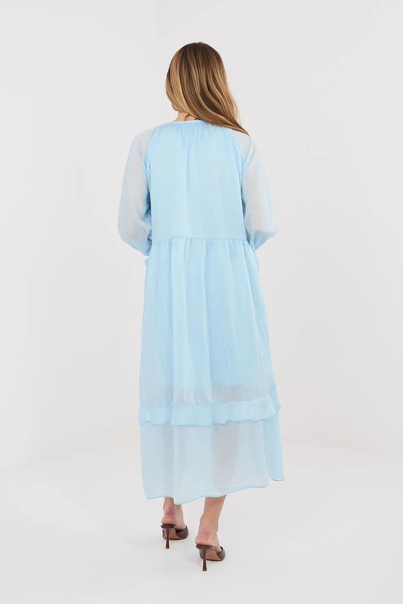 Robe de cocktail bleue manches longues bohème