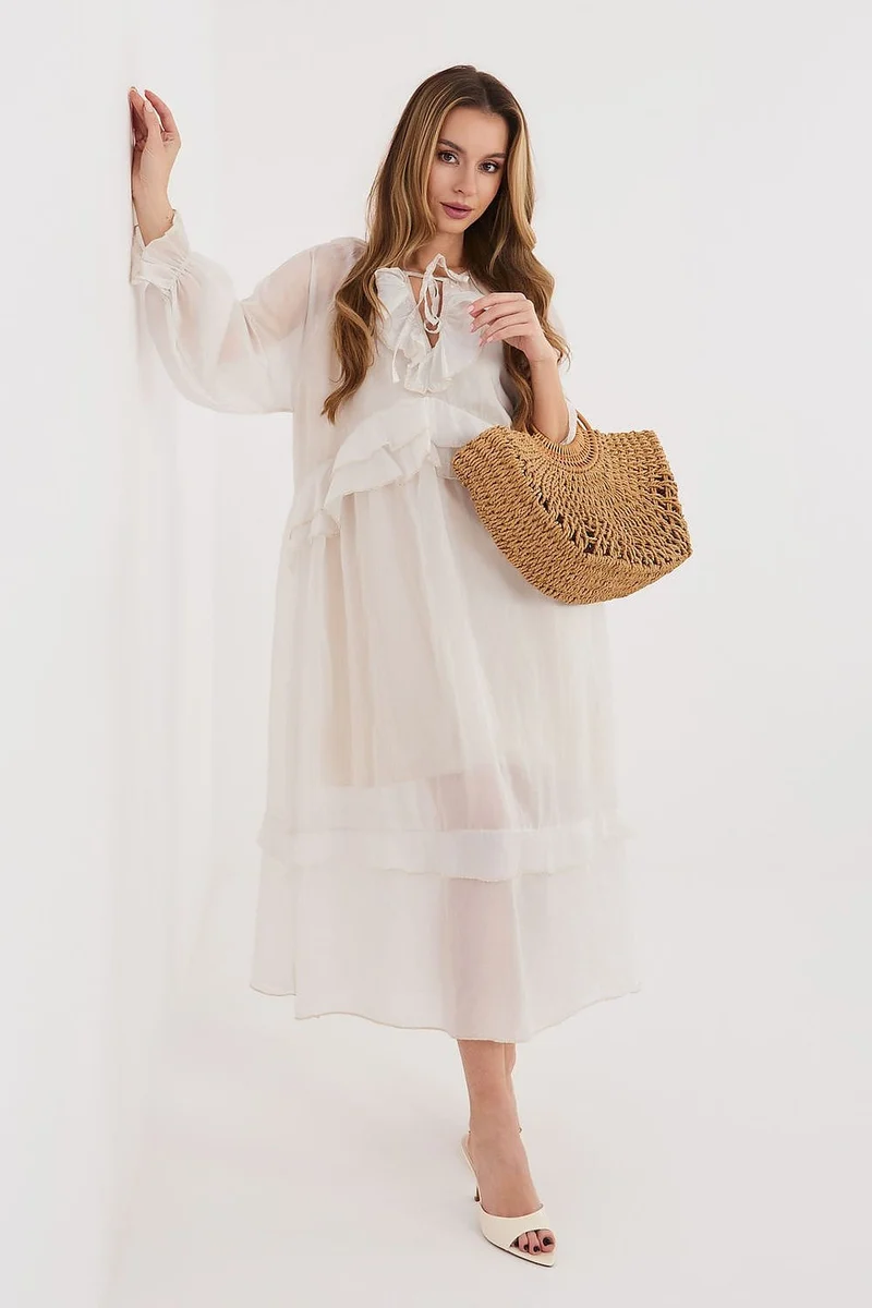Robe bohème blanche longue manches longues