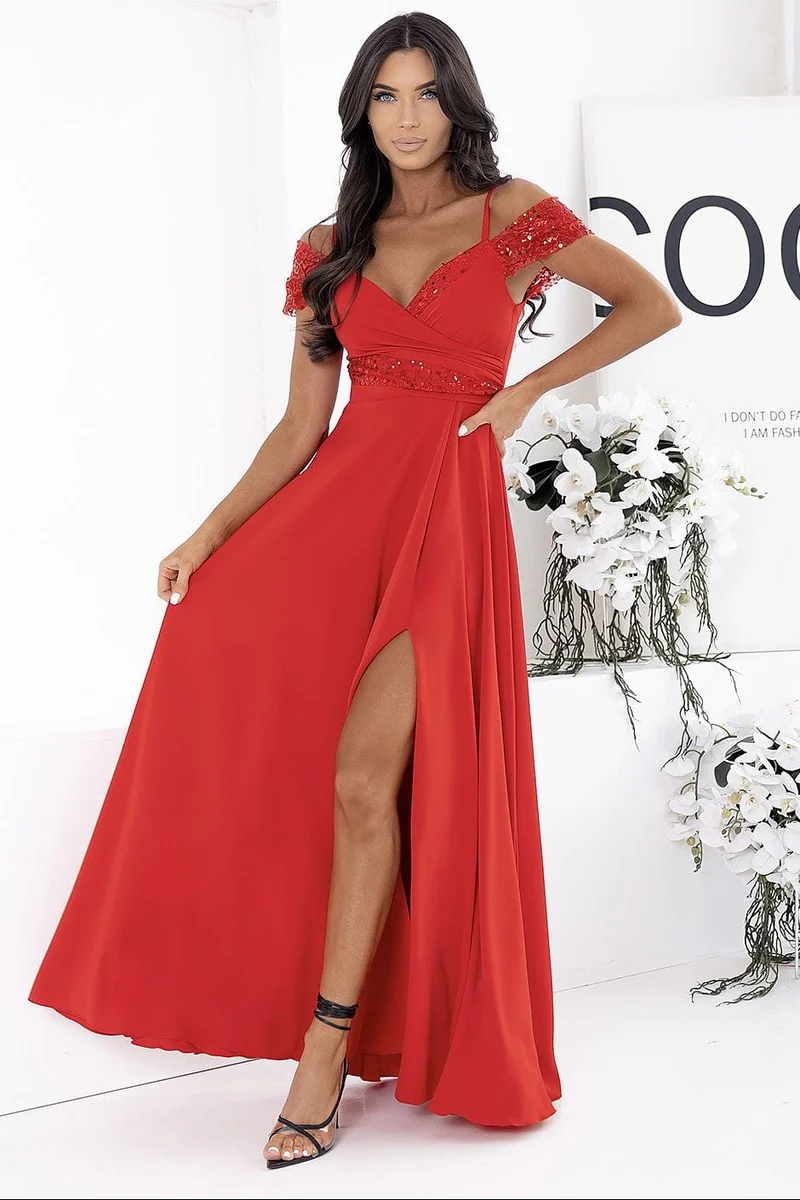 Robe de soirée longue fendue rouge
