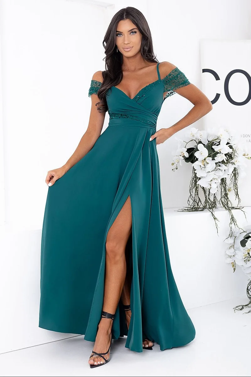 Robe de soirée longue fendue verte émeraude