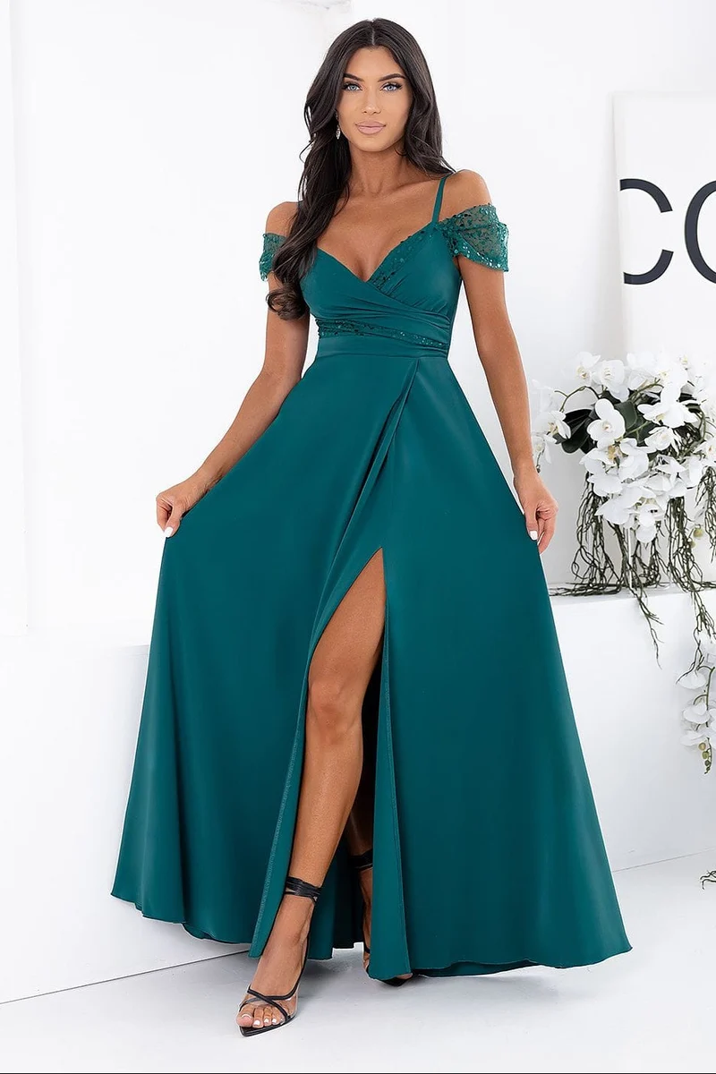 Robe de soirée longue fendue verte émeraude