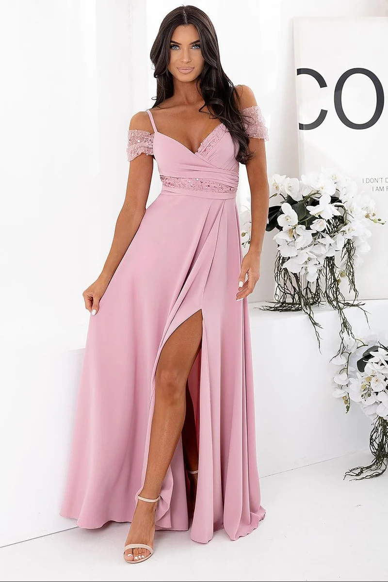 Robe invitée au mariage rose fendue longue