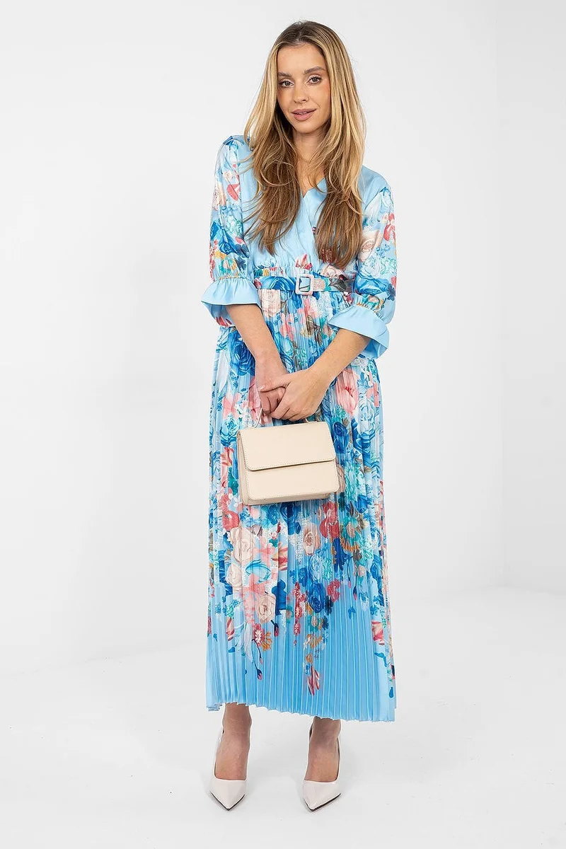 Robe bleue plissée longue motif fleuri