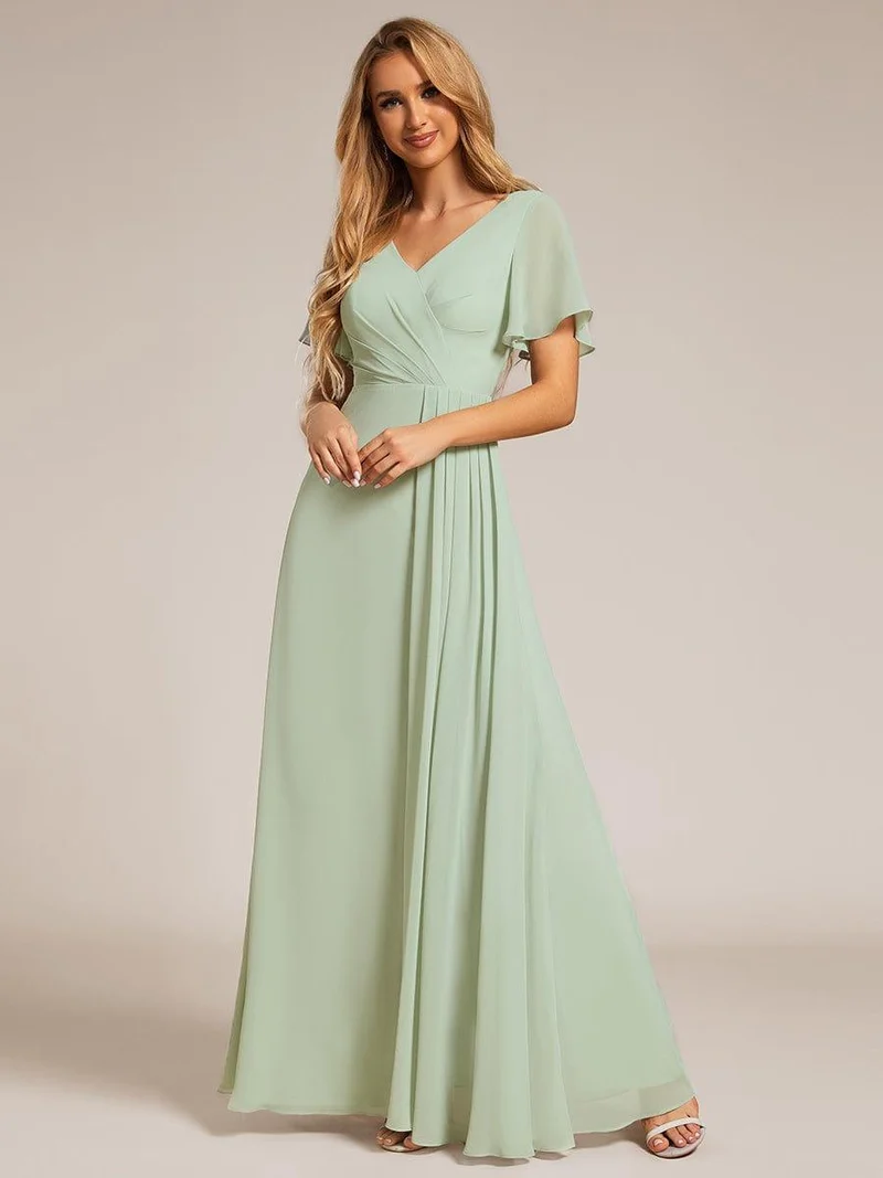 ever LINDEN|Robe de demoiselle d'honneur taille haute en mousseline de soie col en V fente haute manches à volants