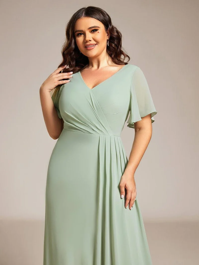 ever LINDEN|Robe de demoiselle d'honneur taille haute en mousseline de soie col en V fente haute manches à volants