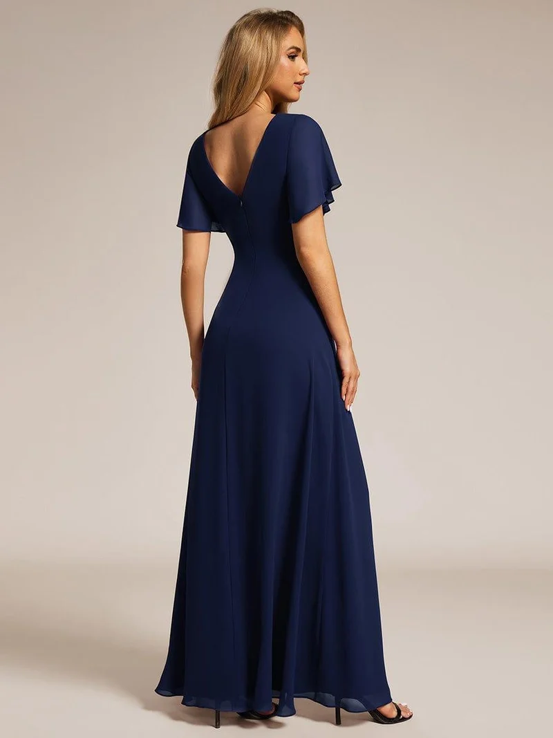 ever LINDEN|Robe de demoiselle d'honneur taille haute en mousseline de soie col en V fente haute manches à volants