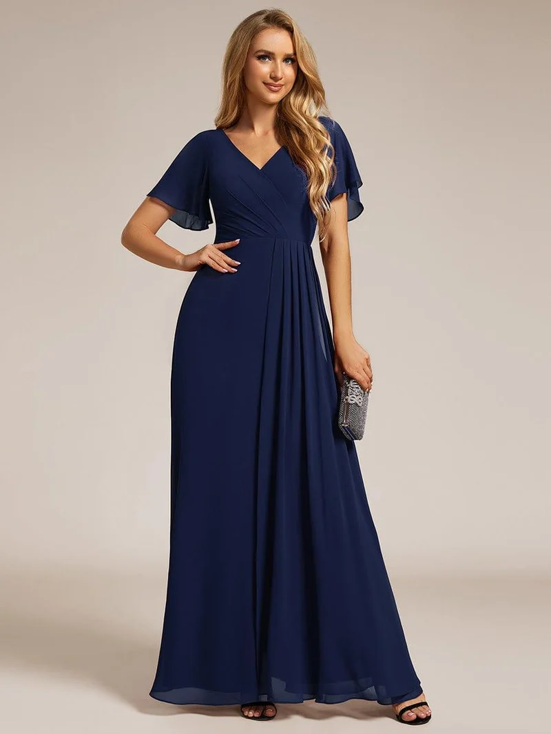 ever LINDEN|Robe de demoiselle d'honneur taille haute en mousseline de soie col en V fente haute manches à volants