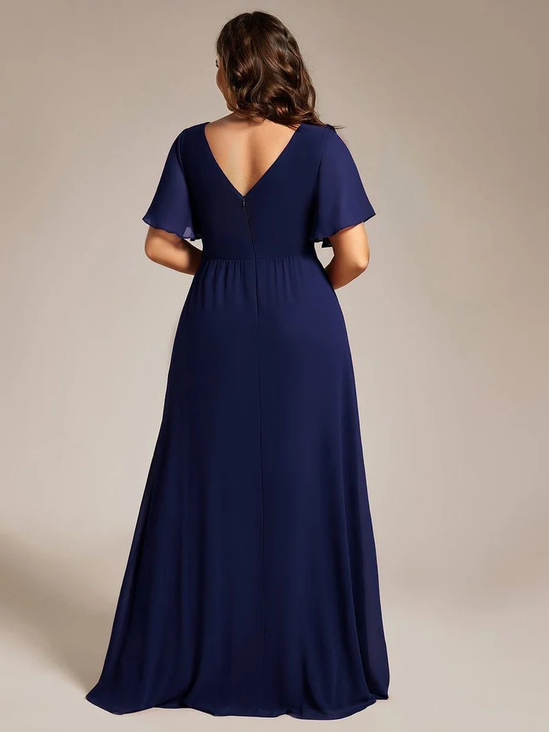 ever LINDEN|Robe de demoiselle d'honneur taille haute en mousseline de soie col en V fente haute manches à volants