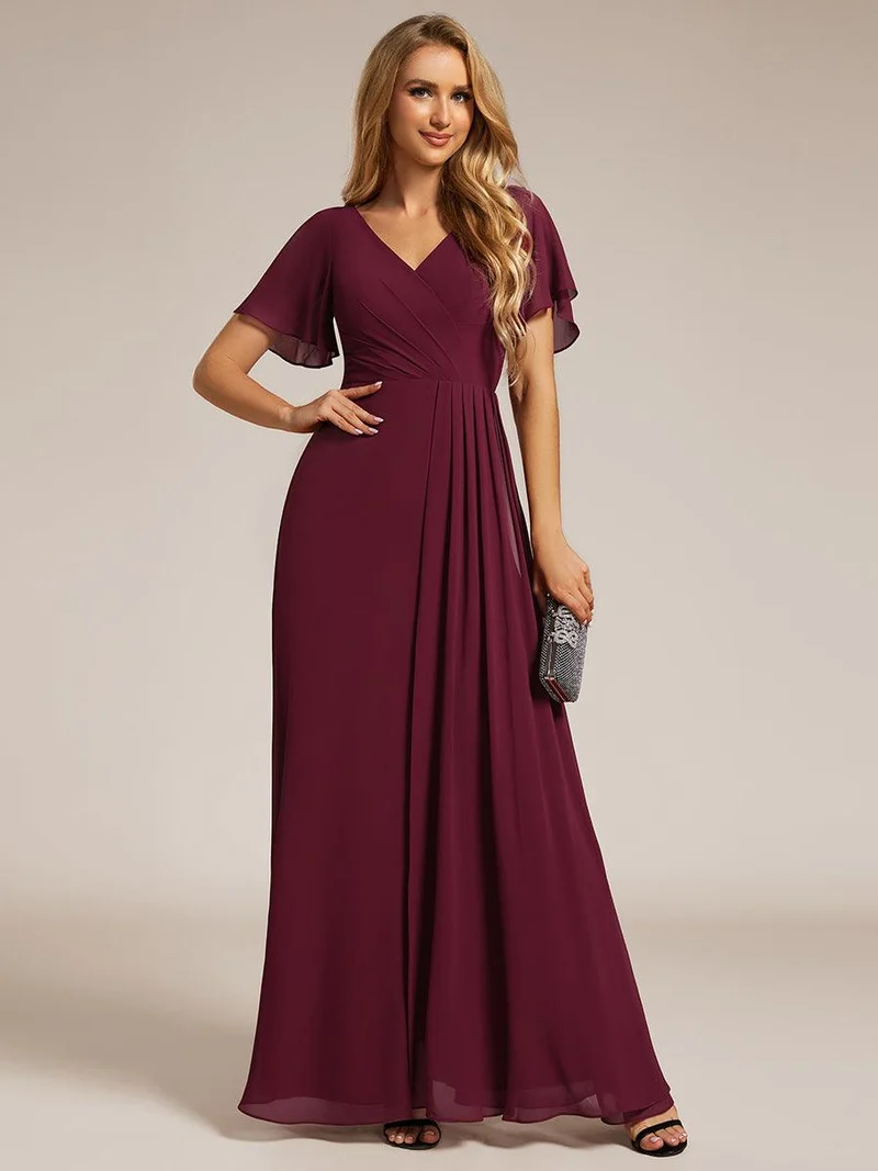 ever LINDEN|Robe de demoiselle d'honneur taille haute en mousseline de soie col en V fente haute manches à volants
