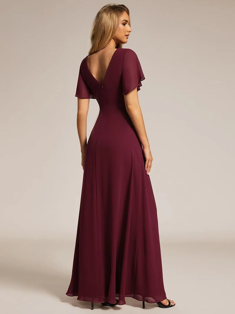 ever LINDEN|Robe de demoiselle d'honneur taille haute en mousseline de soie col en V fente haute manches à volants