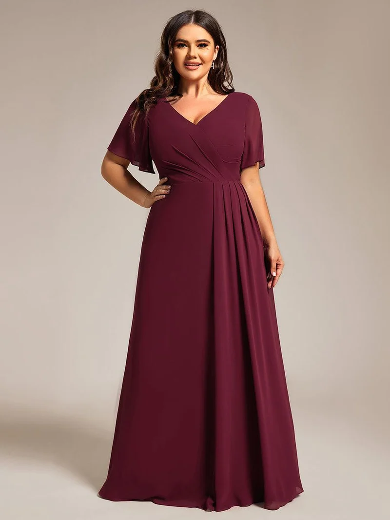 ever LINDEN|Robe de demoiselle d'honneur taille haute en mousseline de soie col en V fente haute manches à volants