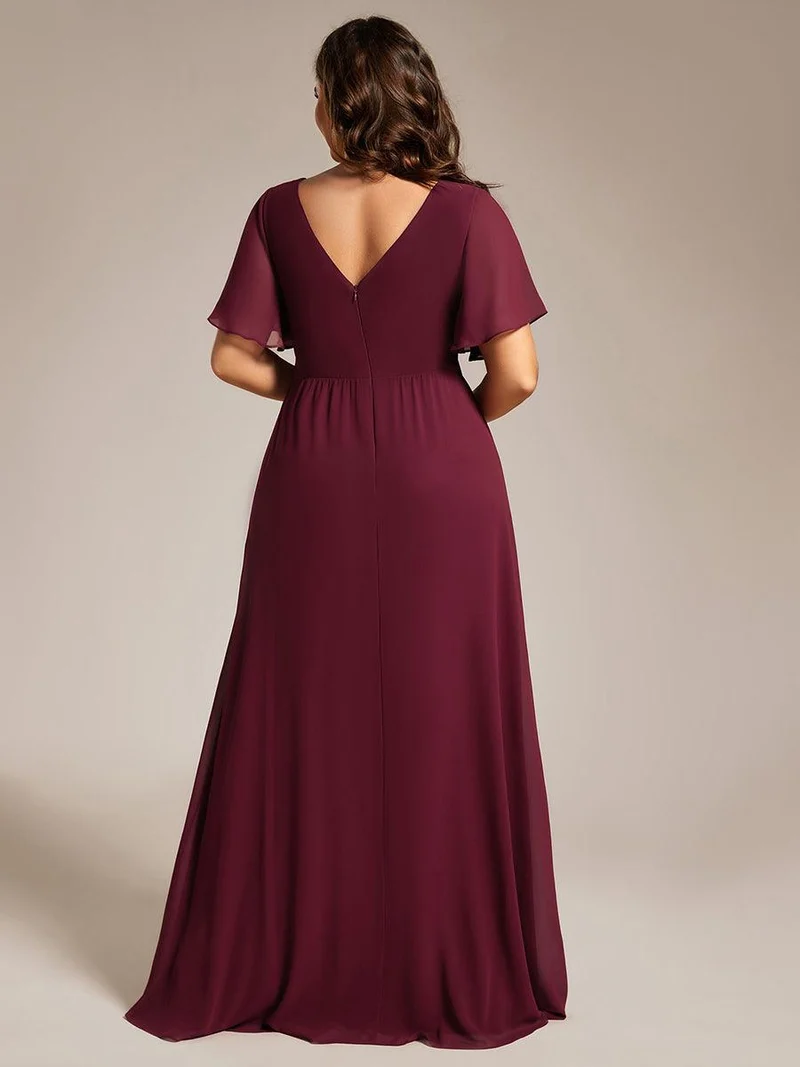 ever LINDEN|Robe de demoiselle d'honneur taille haute en mousseline de soie col en V fente haute manches à volants