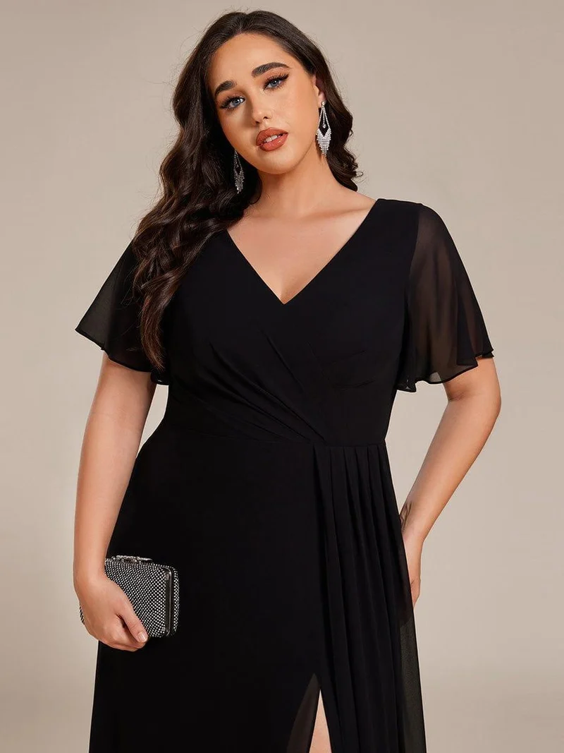 ever LINDEN|Robe de demoiselle d'honneur taille haute en mousseline de soie col en V fente haute manches à volants