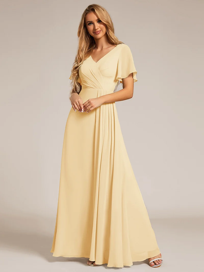 ever LINDEN|Robe de demoiselle d'honneur taille haute en mousseline de soie col en V fente haute manches à volants