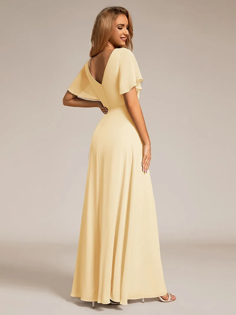 ever LINDEN|Robe de demoiselle d'honneur taille haute en mousseline de soie col en V fente haute manches à volants