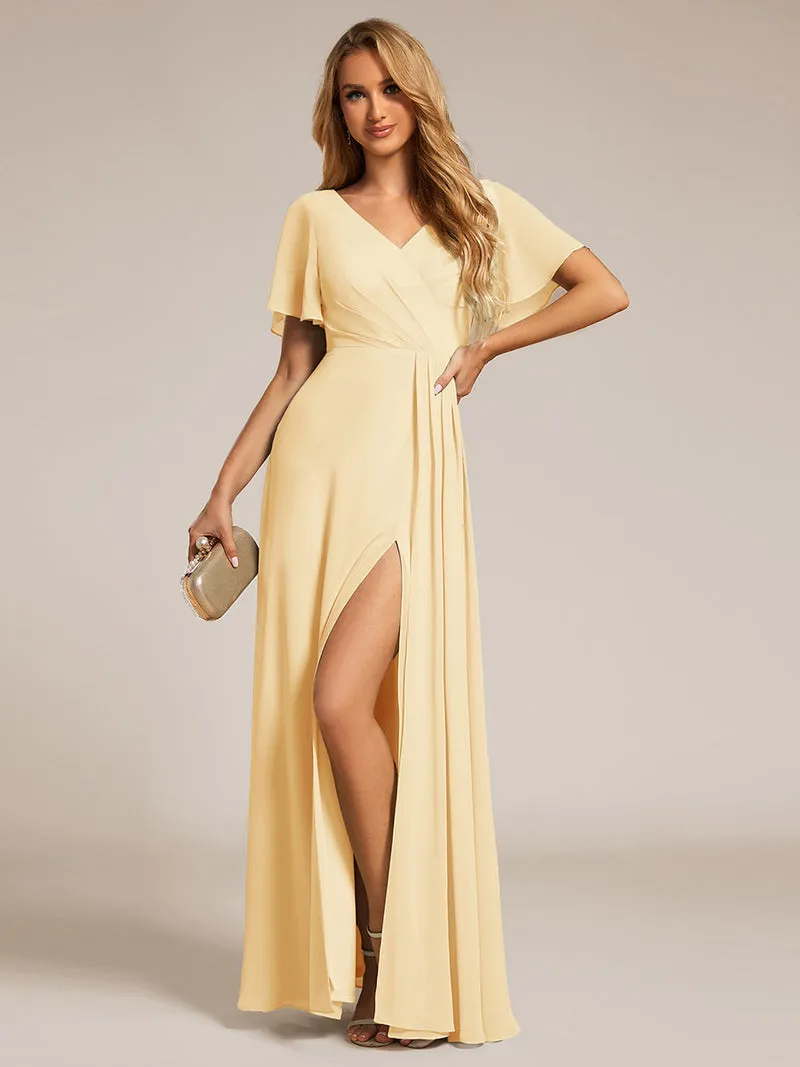 ever LINDEN|Robe de demoiselle d'honneur taille haute en mousseline de soie col en V fente haute manches à volants
