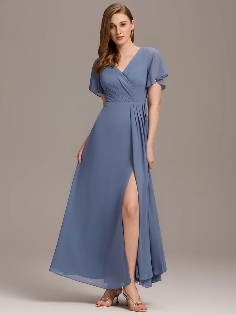 ever LINDEN|Robe de demoiselle d'honneur taille haute en mousseline de soie col en V fente haute manches à volants